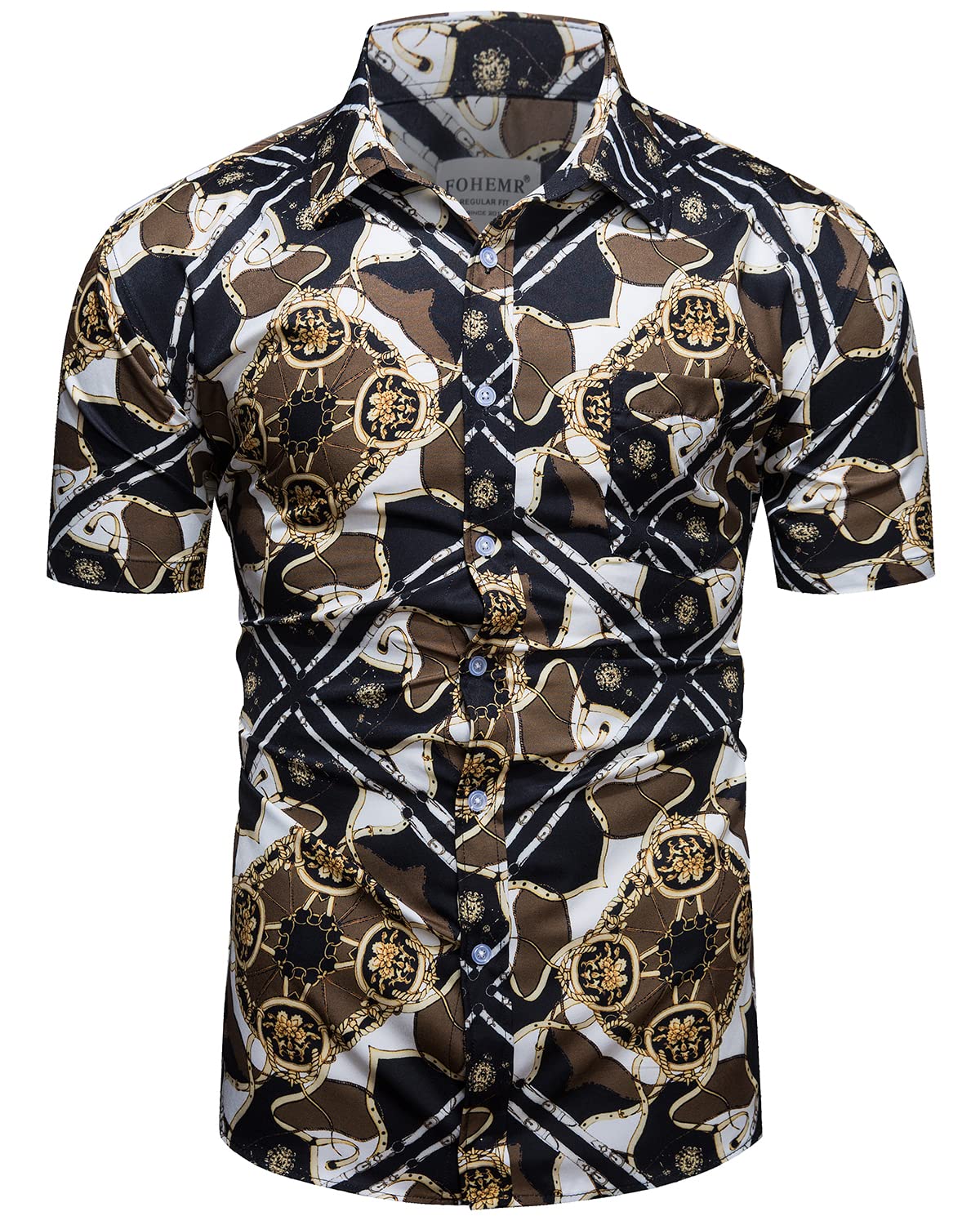 Luxury Men's Black & Gold Baroque Print Short Sleeve Dress Shirt - Chain Design Button Down Casual Shirt for Parties, Weddings & Night Out