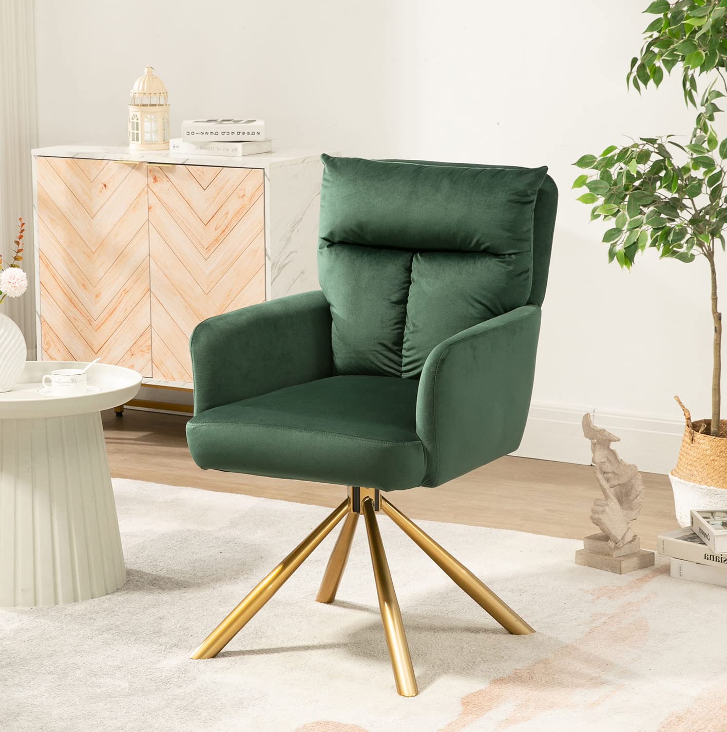 180° Swivel Velvet Armchair with Gold Legs - Modern Living Room Accent Chair for Apartment, Reading Nook & Lounge - Comfortable Green Upholstered Recliner for Relaxing, Reading & Entertaining