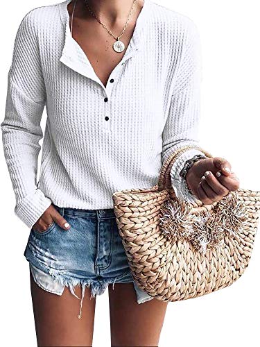 Women's Henley Shirts V-Neck Long Sleeve Button Down Tops - Soft Waffle Knit Thermal Tee for Winter - Perfect for Casual Outfits, Layering & Outdoor Activities