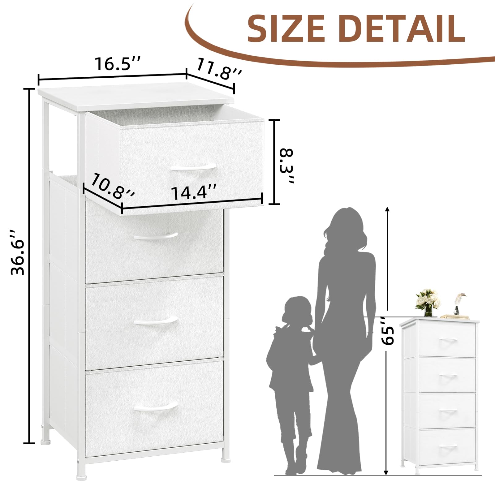 Somdot 4-Drawer Tall Dresser for Bedroom - White Leather Storage Organizer with Removable Fabric Bins - Perfect for Bedroom, Nursery, Closet, Laundry Room & Entryway Organization