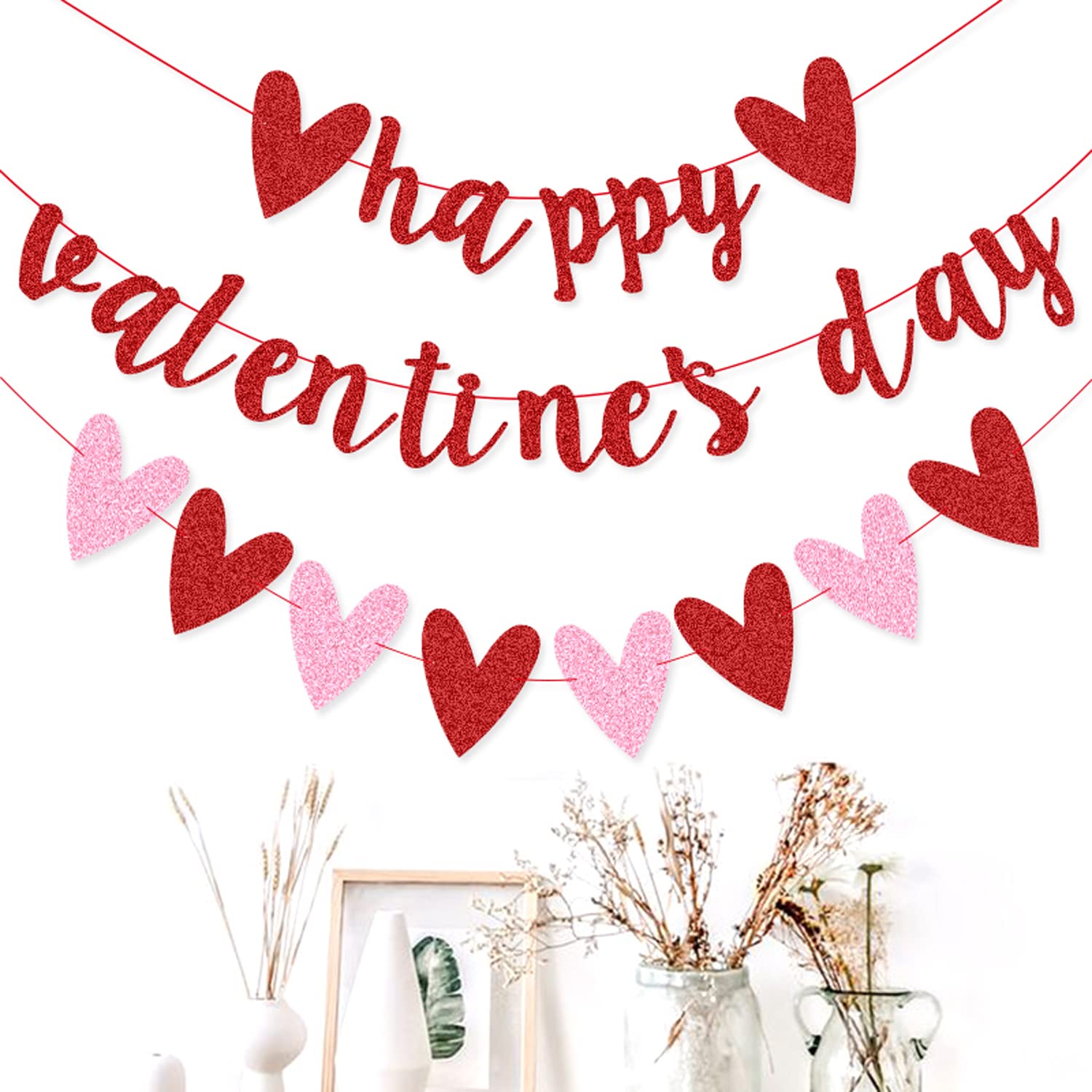 XIANMU 10ft Red Glitter Valentine's Day Banner & Pink Heart Garland - Reusable Party Decor for Valentine's, Weddings, Anniversaries & Romantic Home Decor
