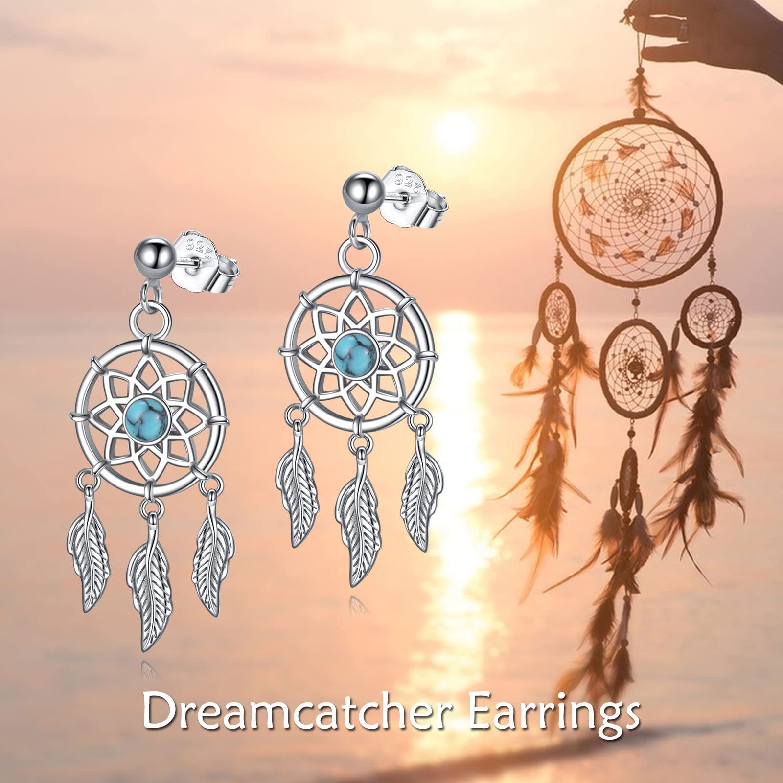 VONALA Sterling Silver Turquoise Feather Drop Dangle Earrings - Boho Dreamcatcher Jewelry for Women & Girls | Perfect Gift for Teens, Birthday & Special Occasions | Great for Parties, Weddings & Boho Fashion