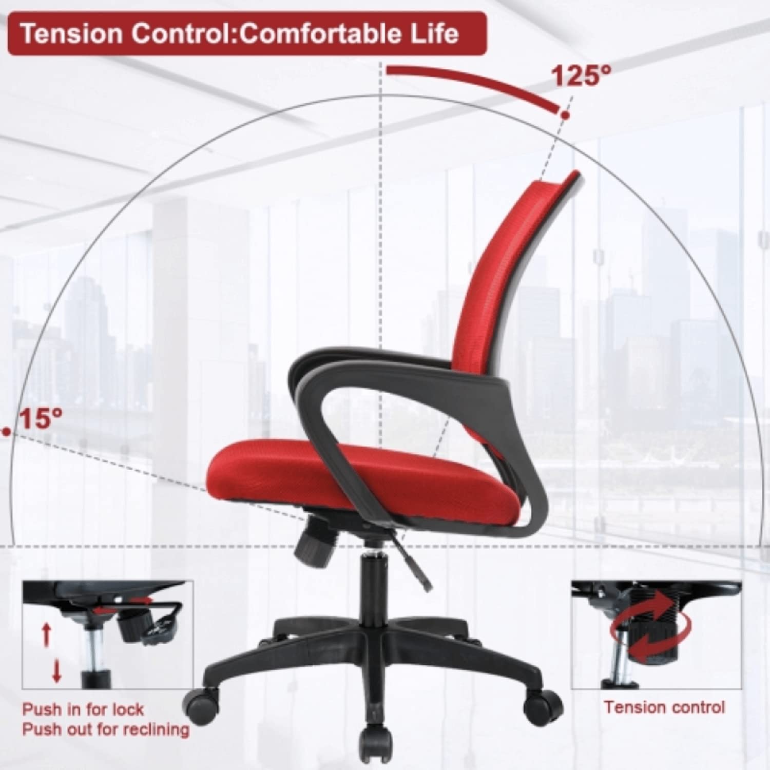 Ergonomic Mesh Office Chair with Adjustable Lumbar Support & Armrests - Modern Mid Back Executive Swivel Chair for Home Office, Computer Desk - Ideal for Long Work Hours & Remote Work (Red)