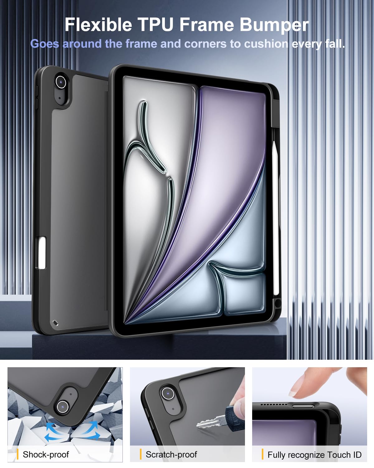 TiMOVO iPad Air 11 Inch Case (M3/M2 2025/2024 Model) with Pencil Holder - Compatible with iPad Air 5th/4th Gen (2022/2020) 10.9 Inch - Slim Protective Cover with Clear Back & Auto Wake/Sleep - Perfect for Work, School & Travel - Black Notebook Style