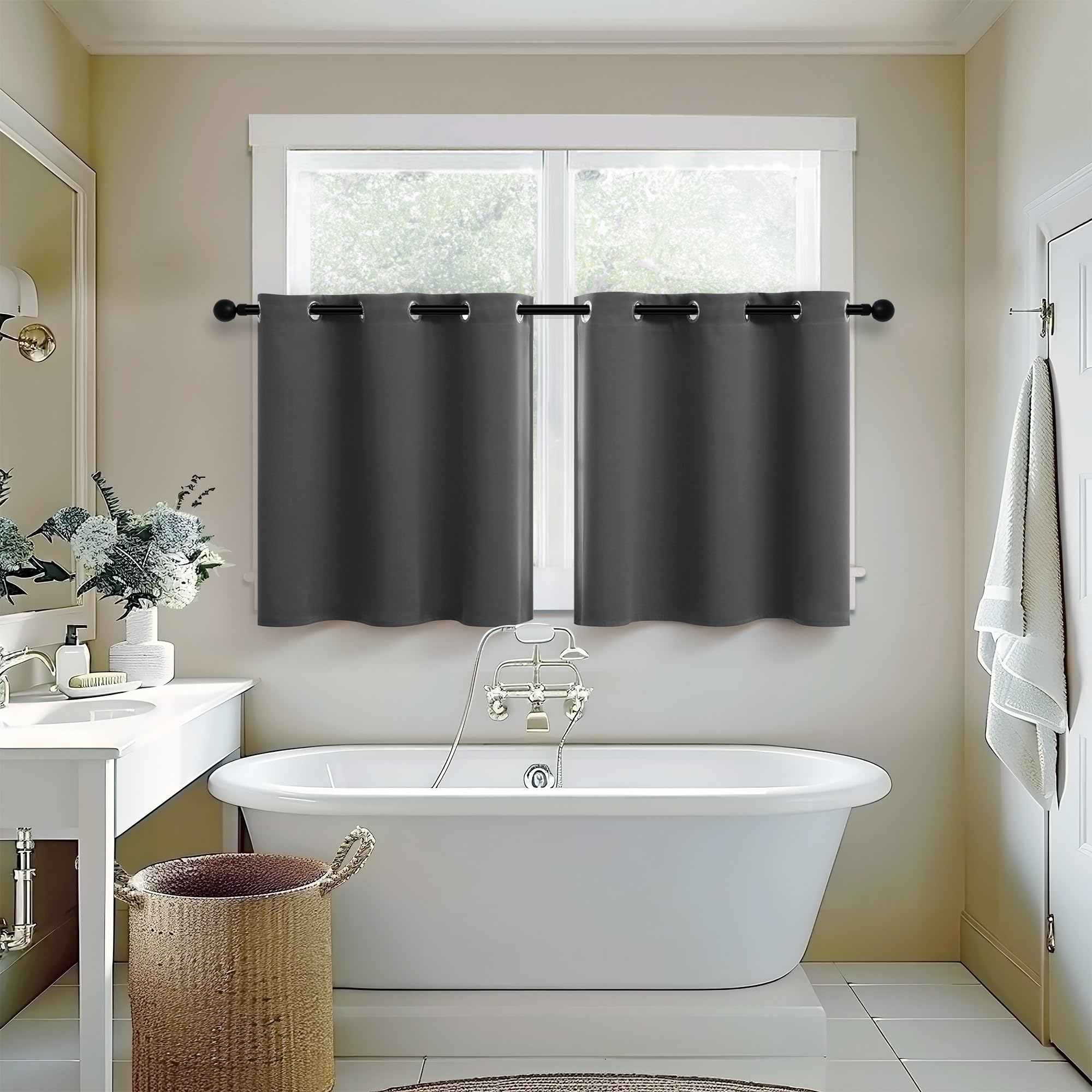 30 Inch Dark Gray Thermal Insulated Tier Curtains for Kitchen - 1 Pair, 34x30 Inches, Smooth Grommet Top, Short Window Drapes for Kids Bedroom, Basement & Loft - Energy Saving, Noise Reducing & Blackout for Better Sleep & Privacy