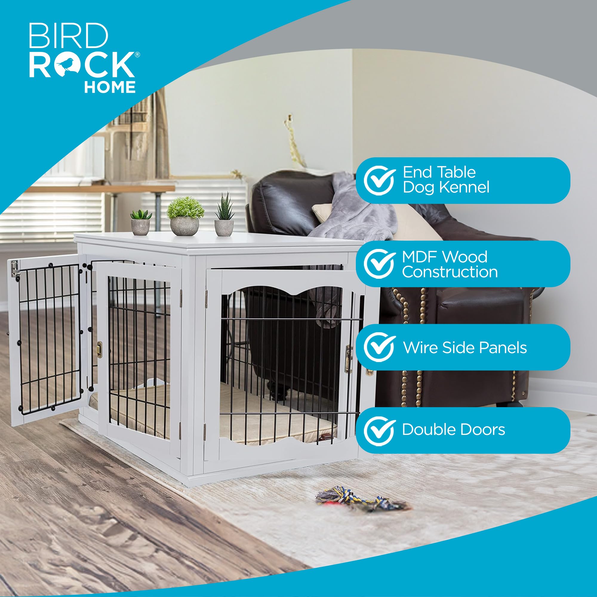 Best Decorative Dog Kennel with Pet Bed - Small Pet House & Indoor Crate with Double Doors - Engineered Wood & Wire Furniture - Side Table & Nightstand for Small Dogs - White - Perfect for Living Rooms, Bedrooms & Pet-Friendly Spaces