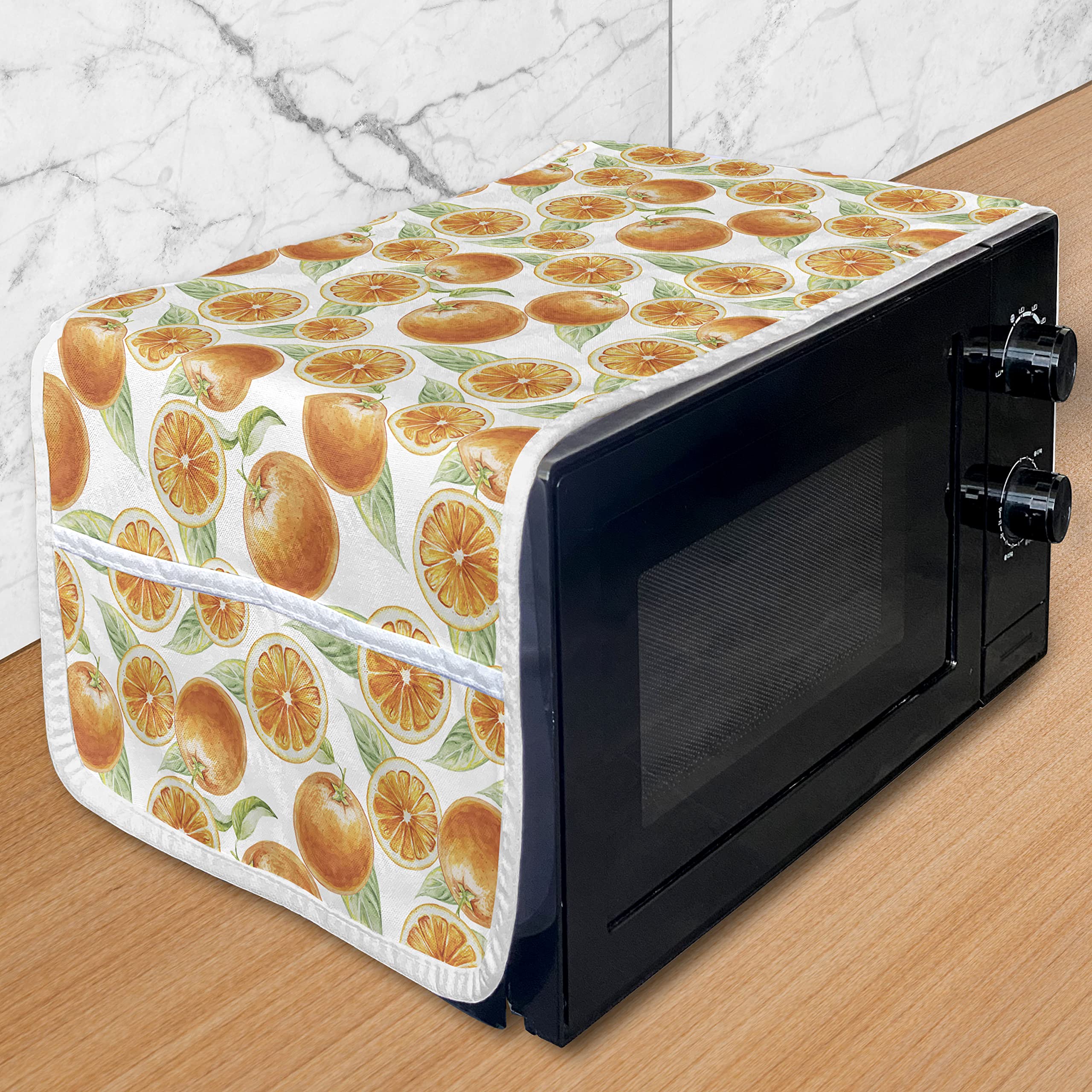 Ambesonne Vintage Citrus Art Microwave Cover - Water Resistant Orange Fruit & Leaves Pattern Kitchen Organizer with Pockets, 36