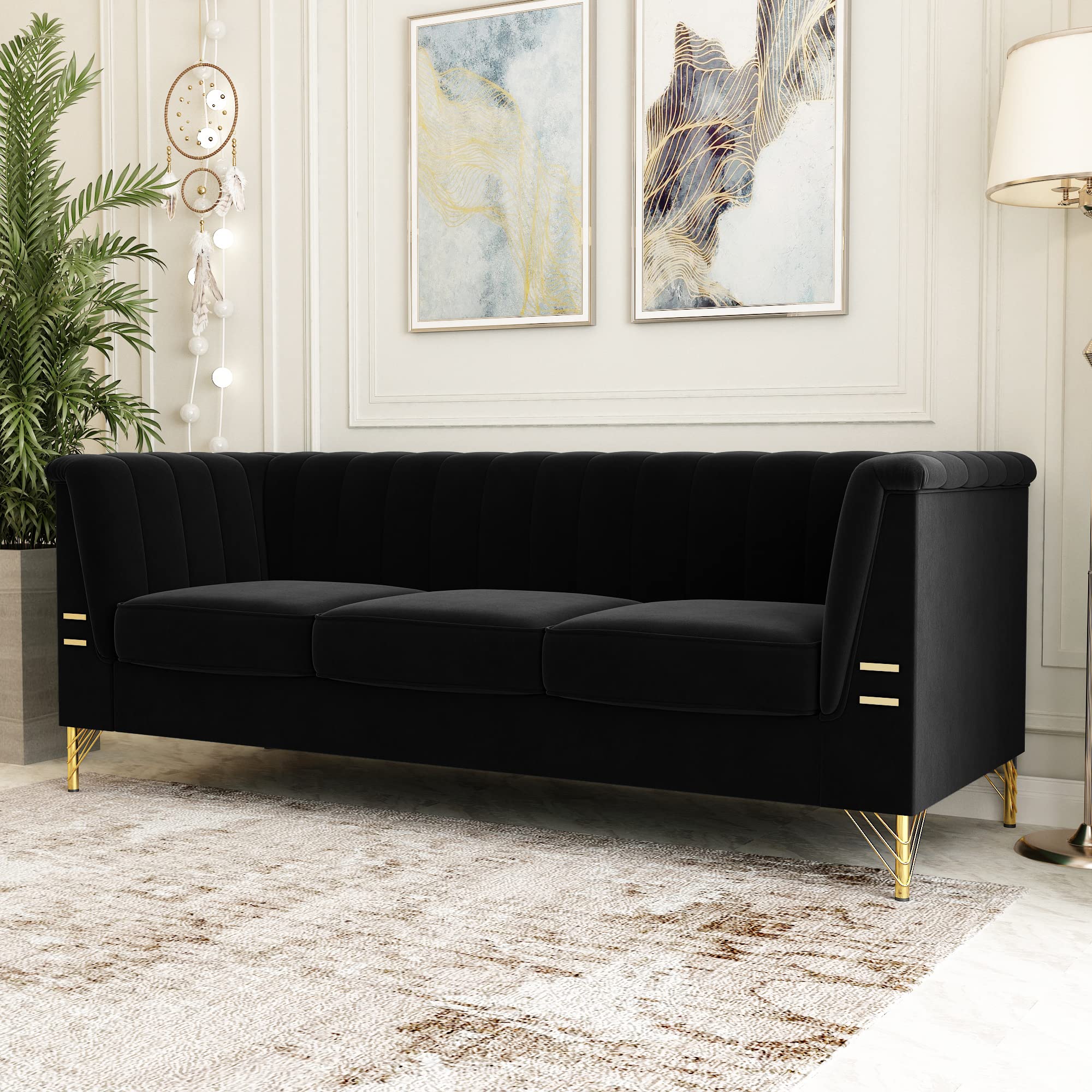 2PCS Black Velvet 3-Seater Chesterfield Sofa Set - Mid Century Modern Living Room Couch with Armrests for Apartment, Lounge & Office (Perfect for Home Theater & Cozy Reading Nook)