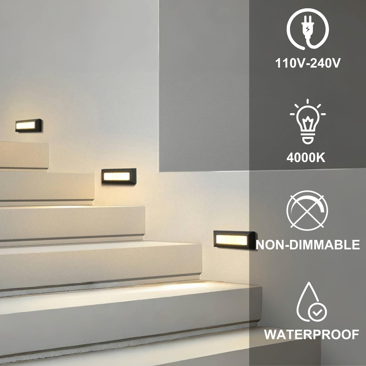 ZONK LED Step Lights 110V-240V AC, 3W 4000K Cool White Indoor Outdoor Stair Lights, Waterproof IP65 Landscape Pathway Lighting for Decks, Patios, Hallways - Perfect for Home, Garden, and Commercial Staircase Safety (Pack of 1)