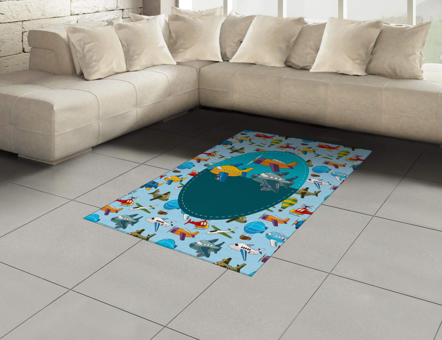 Ambesonne Retro Cartoon Airplanes & Balloons Area Rug - Colorful Flat Woven Accent Rug for Living Room, Bedroom, Dining Room - 4' x 5'7