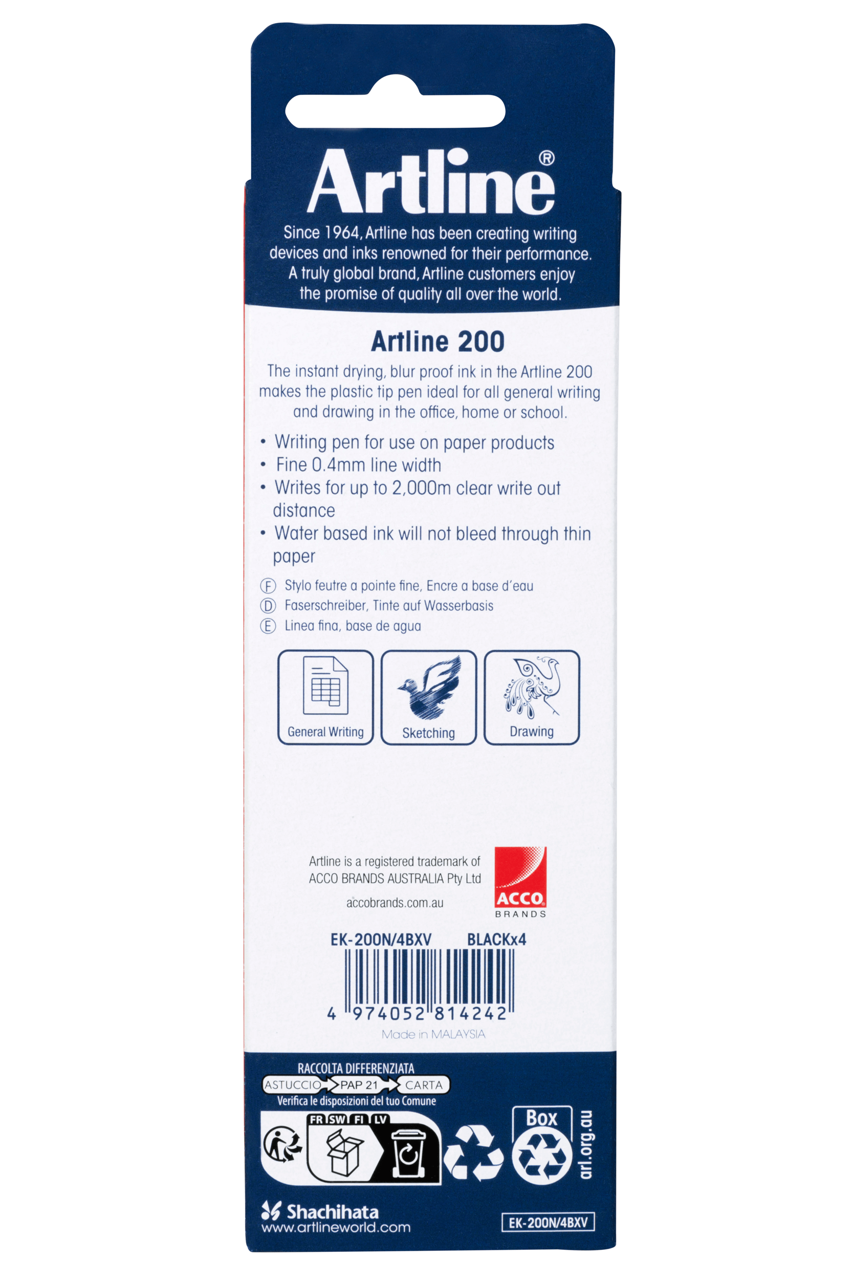 Artline 200 Fineliner Pen Set - 0.4mm Ultra Fine Tip Black Marker Pens (4 Pack) for Sketching, Note Taking & Bullet Journaling