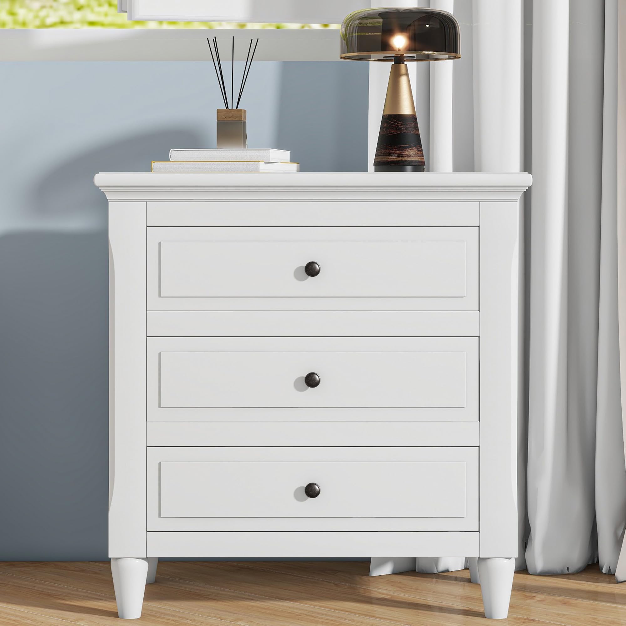 Modern White 3-Drawer Nightstand - Wooden Accent End Table with Storage for Bedroom, Living Room | Small Side Table for Bedside, Sofa & Home Decor