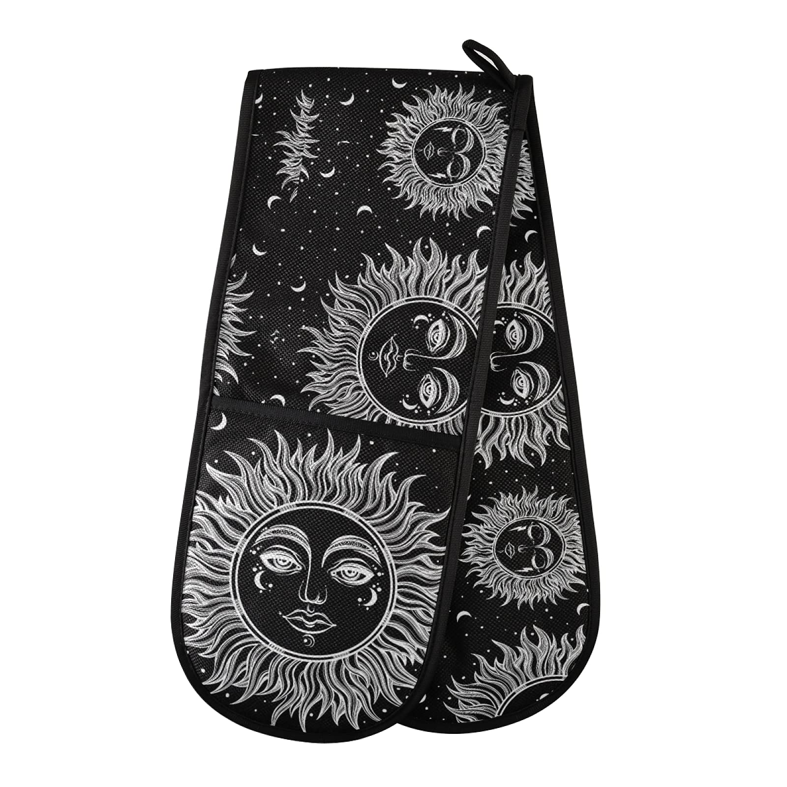 **Heat Resistant Oven Mitts & Pot Holders Set - Tribal Ethnic Moon Black White Design - 35
