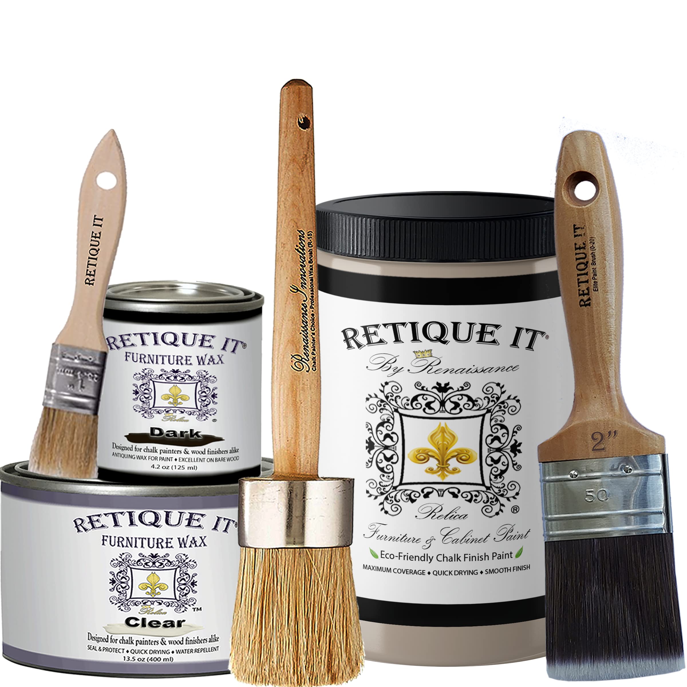Retique It Chalk Furniture Paint by Renaissance Deluxe Starter Kit - 8 Piece Set (11 Alabaster, 32 Ounces) - Perfect for DIY Furniture Makeovers, Home Decor Projects & Vintage Style Upcycling