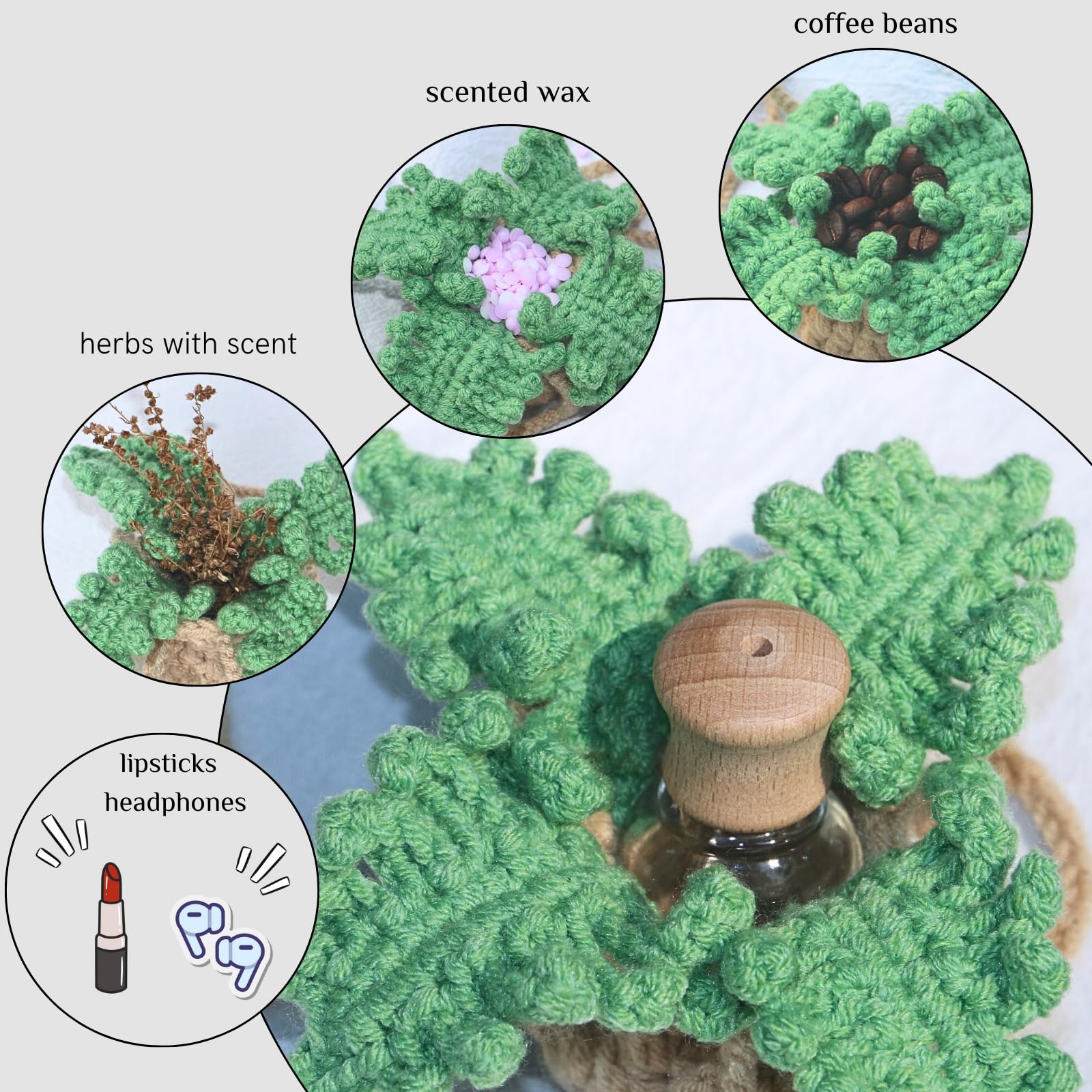 Handmade Crochet Car Air Freshener - Bendable Fern Plant with 8ml Refillable Essential Oil Diffuser | Car Rearview Mirror Hanging Decor, Home & Office Aromatherapy | Perfect for Gifts, Vehicle Accessories, and Relaxation Spaces