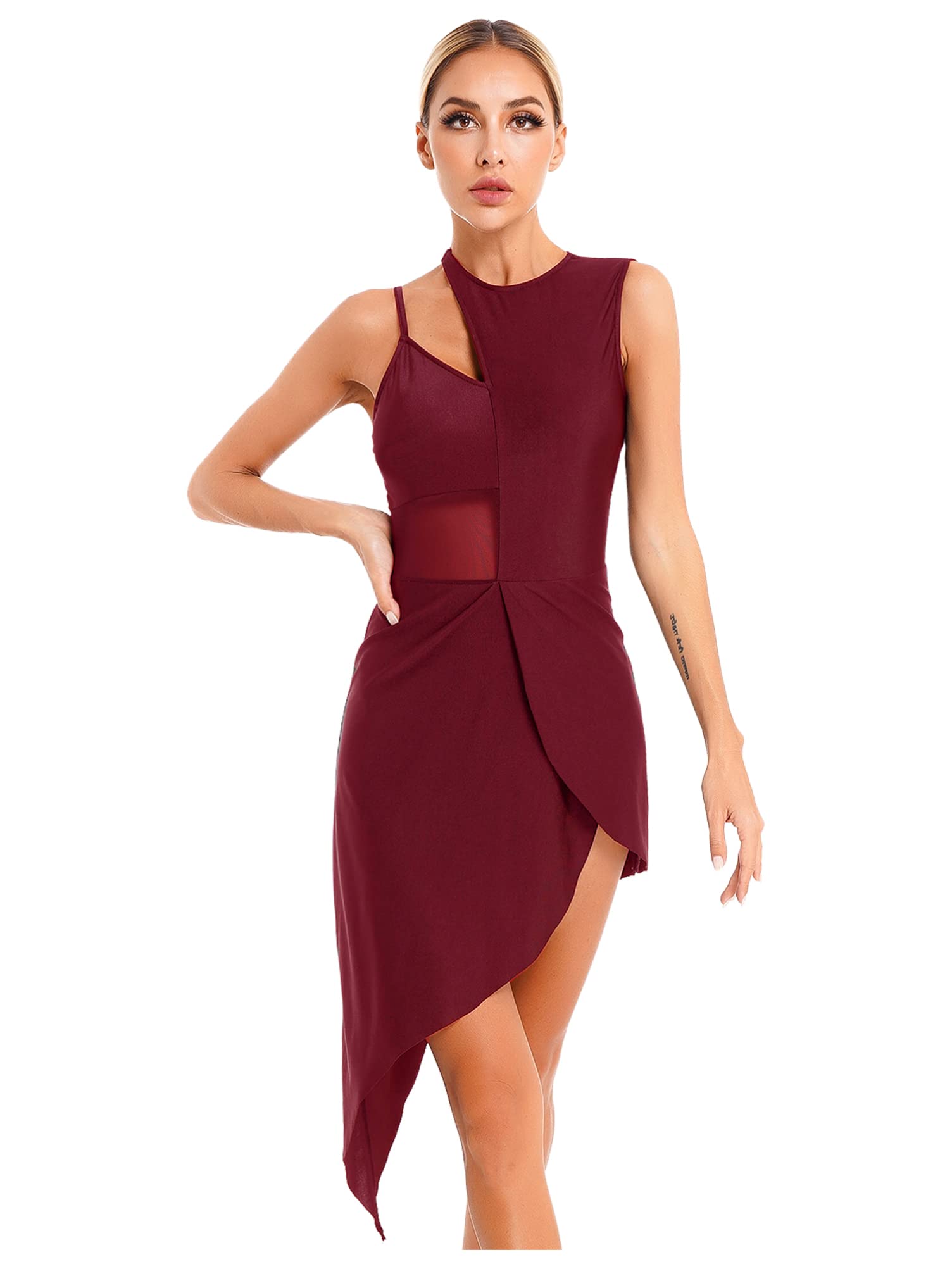 YOOJIA Women's Sleeveless Cutout Latin Ballroom Dance Leotard - Mesh Patchwork High Low Lyrical Dance Dress for Competition & Performance | Breathable & Stretchy for Professional Dancers