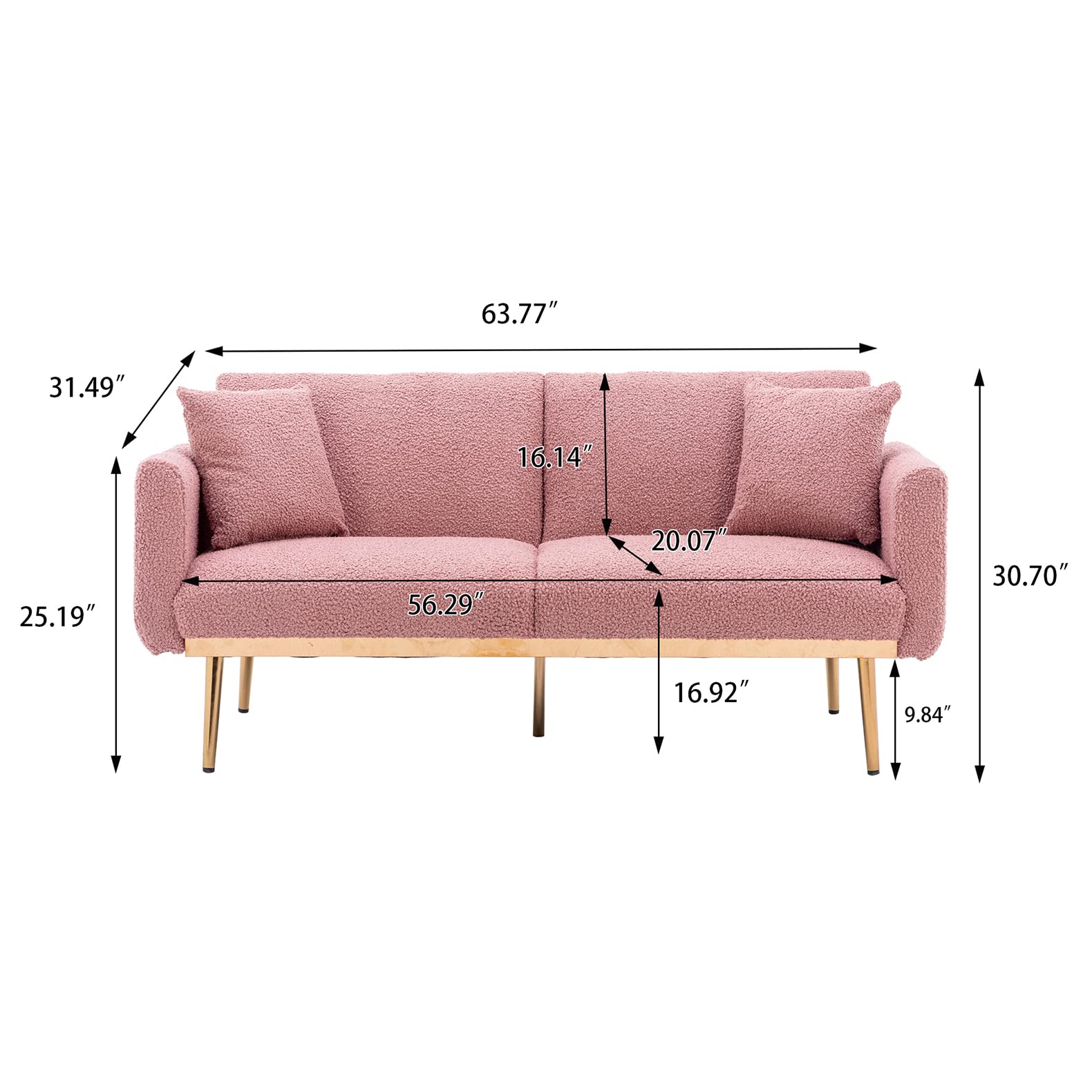 Antetek Convertible Futon Sofa Bed - 3 Adjustable Positions, Modern Upholstered Loveseat Sleeper with 2 Decorative Pillows & 5 Metal Tapered Legs in Soft Brush Pink Teddy Fabric - Perfect for Small Apartments, Guest Rooms, and Cozy Living Spaces