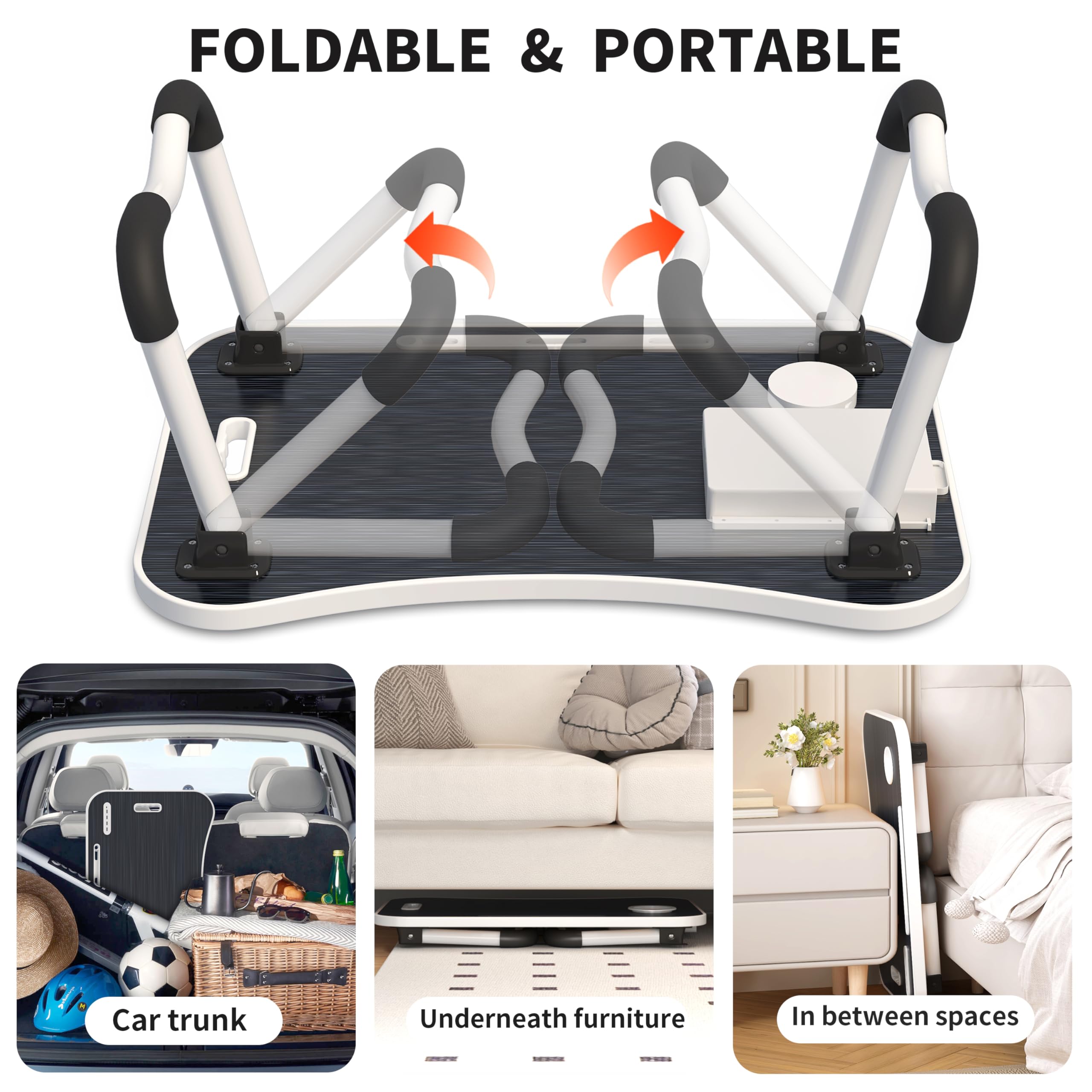 UNICOO® Foldable Laptop Stand with USB Charging Port | Adjustable Ergonomic Laptop Desk for Home Office, Bed & Sofa | Portable Lap Desk with Cup Holder, Tablet Slot & Storage Drawer | Perfect for Remote Work, Gaming & Studying (Ebony Black)