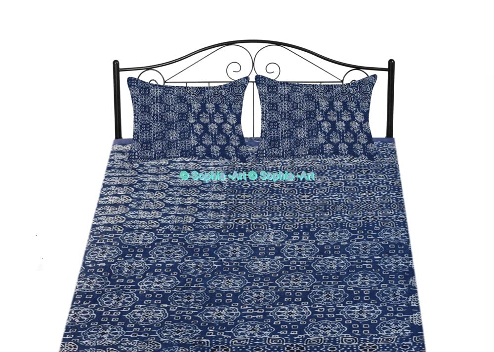 Bohemian Hand Block Ajrak Vintage Print Bedspread - King Size 90x108 Inches with Sham Cover - Blue Patch Print Kantha Quilt for Bed, Sofa & Throw - Hand Stitched Cotton Bed Cover for Boho Home Decor & Guest Room Styling