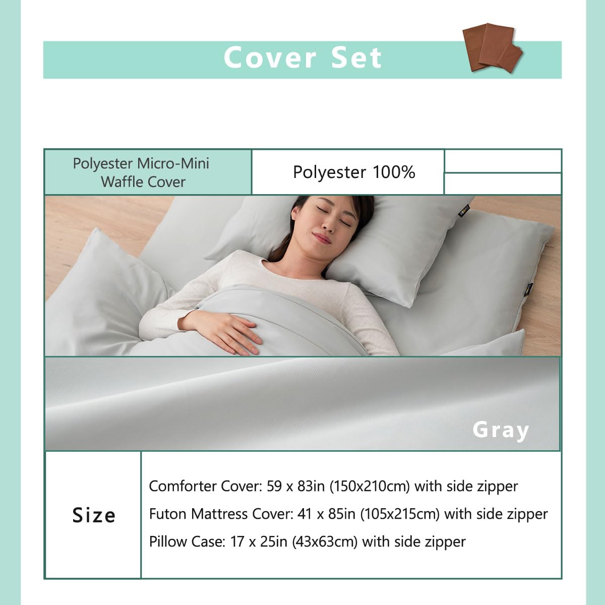 EMOOR 6-Piece Japanese Futon Set Lumiere3 - Twin Size Micro-Mini Waffle Cover in Gray | Complete Bedding Solution for Small Spaces, Guest Rooms & Minimalist Living | Perfect for Apartments, Dorms & Studio Living