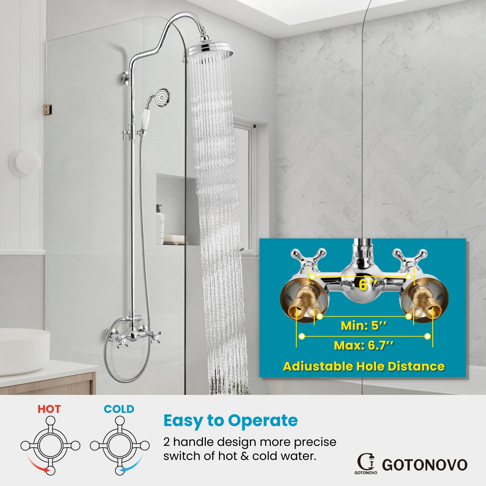 Luxury 8 Inch Wall Mount Rainfall Shower System - Exposed Shower Faucet Set with Adjustable Arc Rod, Handheld Spray & Cross Double Handle in Polished Chrome | Perfect for Modern Bathrooms, Spa-Like Experience, Master Suite Renovation
