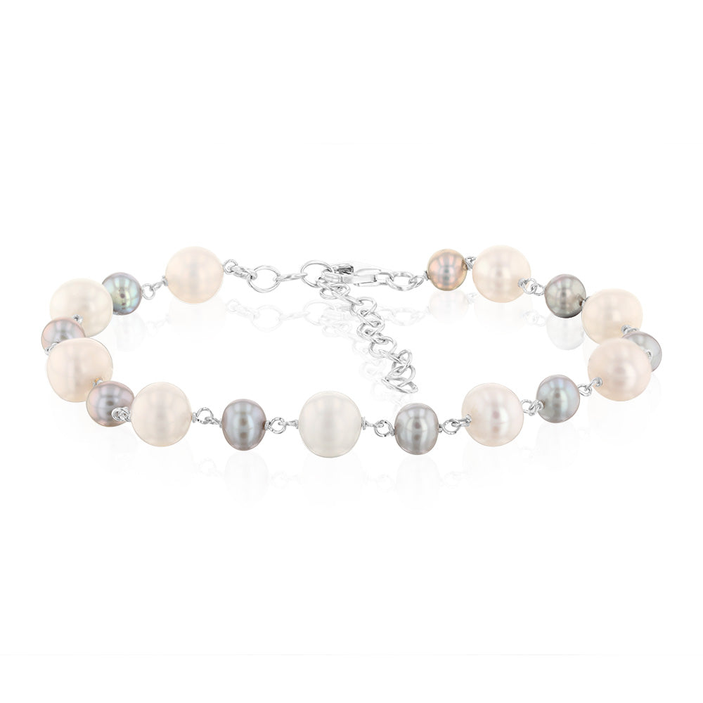 5-8mm Freshwater White & Grey Pearl Bracelet in Sterling Silver - Elegant Jewelry for Women, Perfect for Weddings, Parties & Everyday Wear