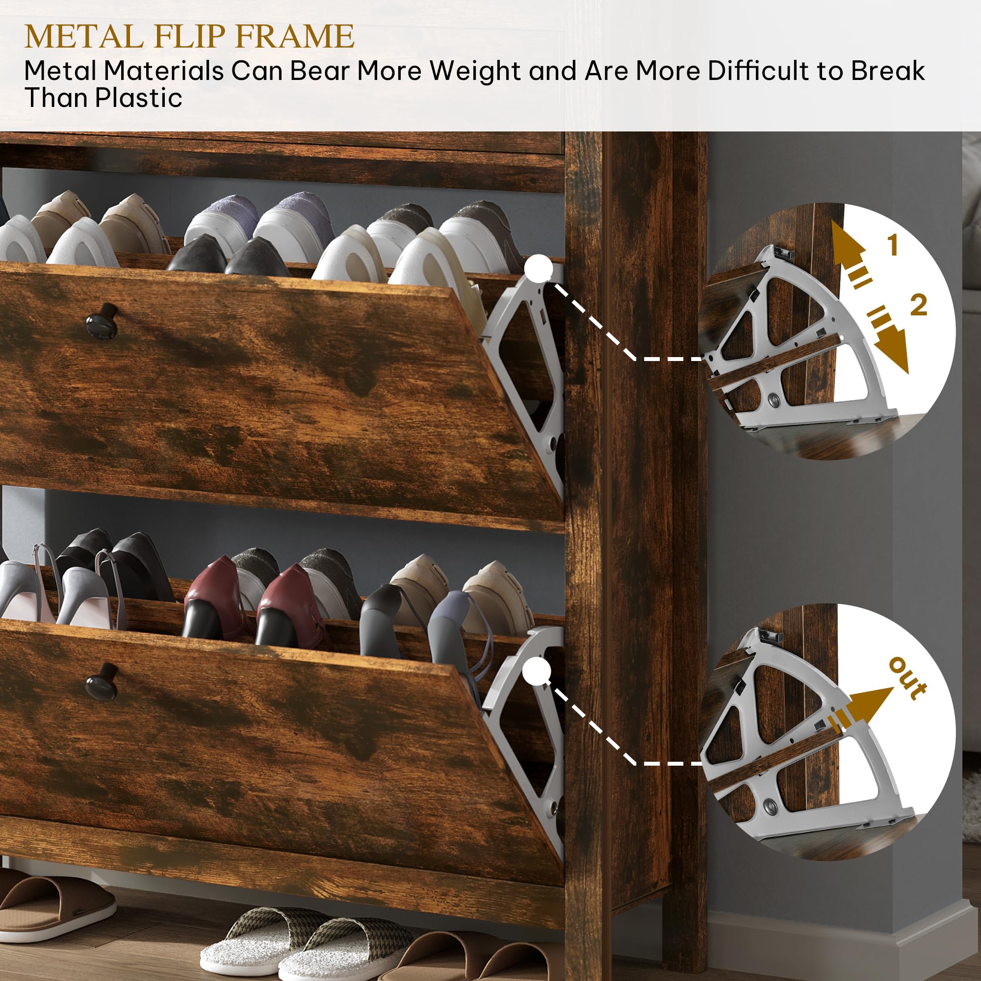 DWVO 2-Tier Flip Drawer Shoe Cabinet - Slim Space-Saving Shoe Storage Organizer with Metal Frame, Adjustable & Removable Hidden Shoe Rack - Free Standing Entryway Hallway Furniture (Brown) - Perfect for Small Apartments & Closet Organization