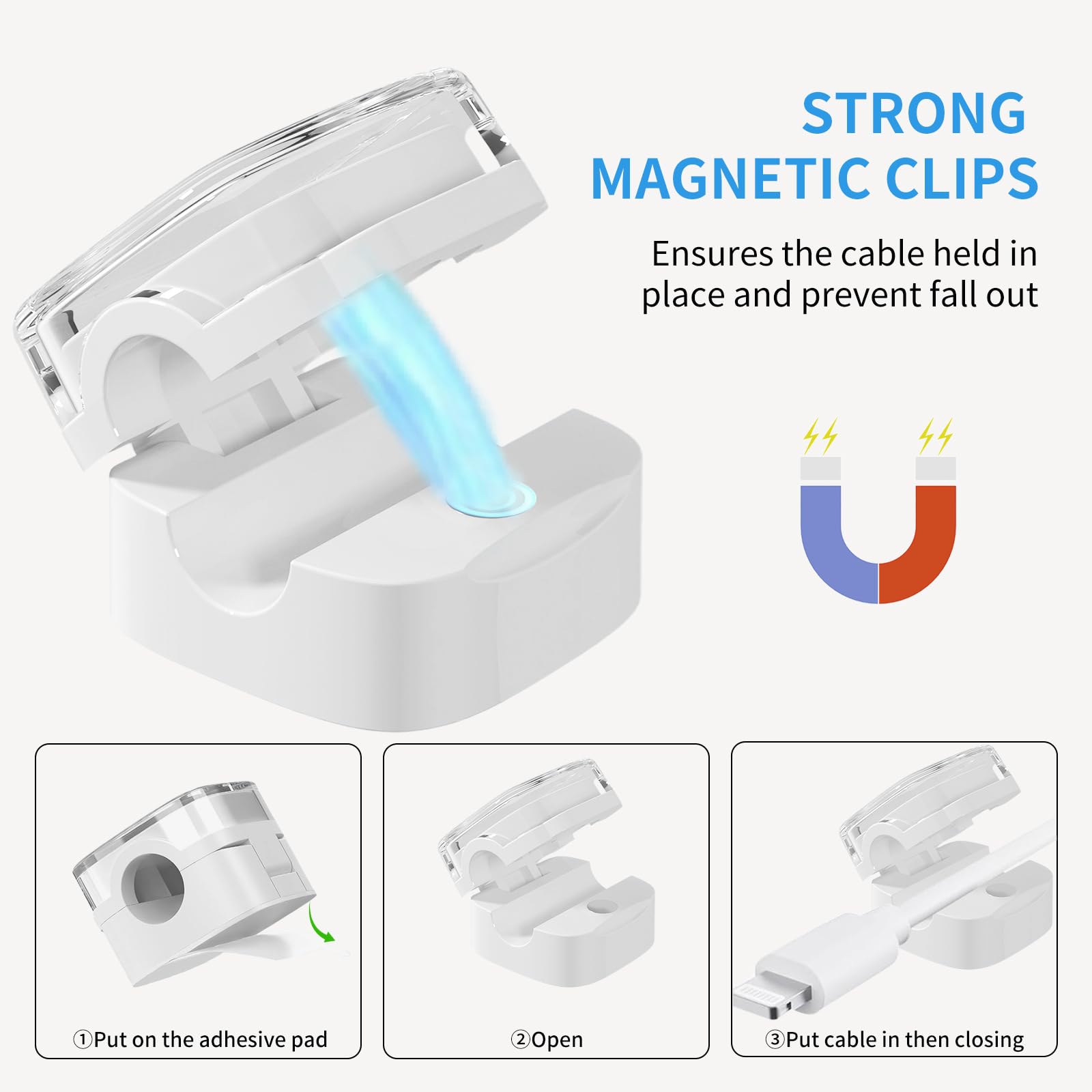 6 Pack Magnetic Cable Clips - Adjustable Cord Holder for Desk, Nightstand & Car | Under Desk Cable Management Organizer | Home Office & Kitchen Wire Organizer for Computer, Phone & Electronics Accessories | Perfect for Clutter-Free Workspace & Neat Cable Arrangement