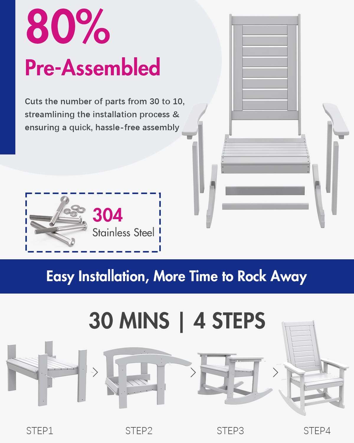 Premium Oversized HDPE Plastic Rocking Chair - High Back White Porch Rocker for Big & Tall - Weather Resistant Outdoor Patio Chair for Deck, Balcony, Backyard & Garden Relaxation