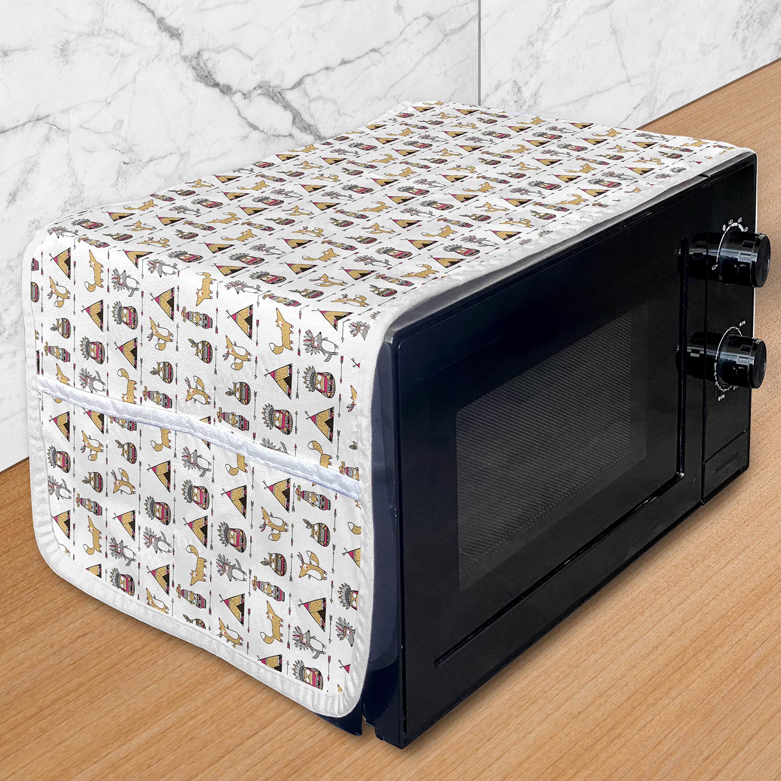 Funny Animal Microwave Cover - Waterproof Kitchen Organizer with Pockets, 36x12 Inch Owl & Wolf Design in Mustard Fuchsia | Perfect for Home, Office & Dorm Kitchen Protection