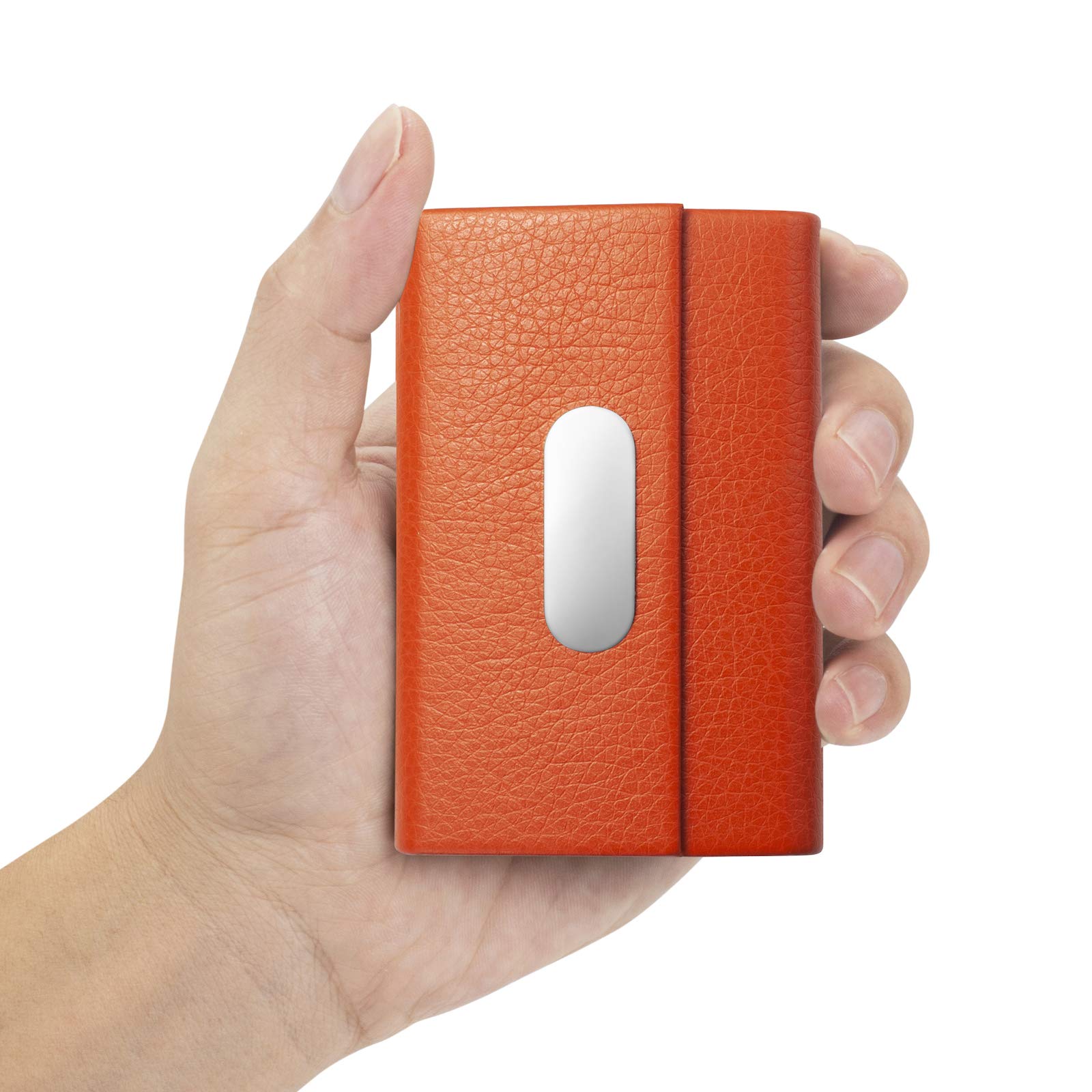 Elegant PU Leather & Stainless Steel Business Card Holder for Women - Magnetic Closure Wallet for Credit Cards & Name Cards (Orange) | Perfect for Office Professionals, Networking Events & Business Meetings