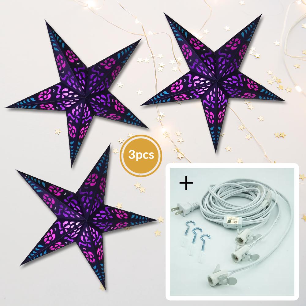 3 Pack Purple Punch 24 Inch LED Illuminated Paper Star Lanterns - Includes Bulbs & Cord - Perfect for Bedroom, Party, Wedding & Home Decor