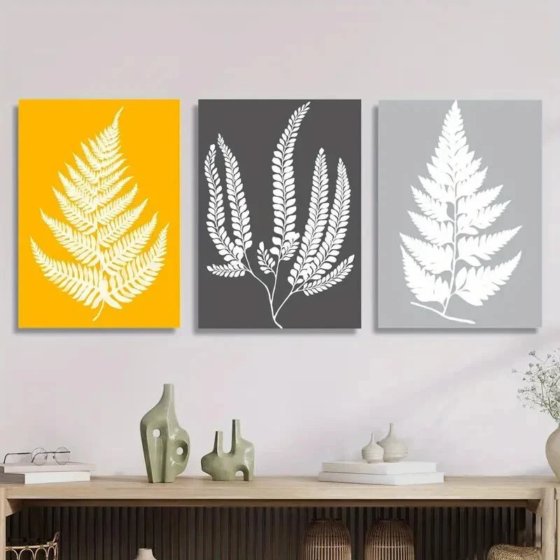 3-Piece Mustard Yellow & Grey Leaves Print Wall Art Set - Framed Canvas 40x60cm (16x24in) | High Quality Australian Made Ready-to-Hang Decor for Living Room, Bedroom & Office