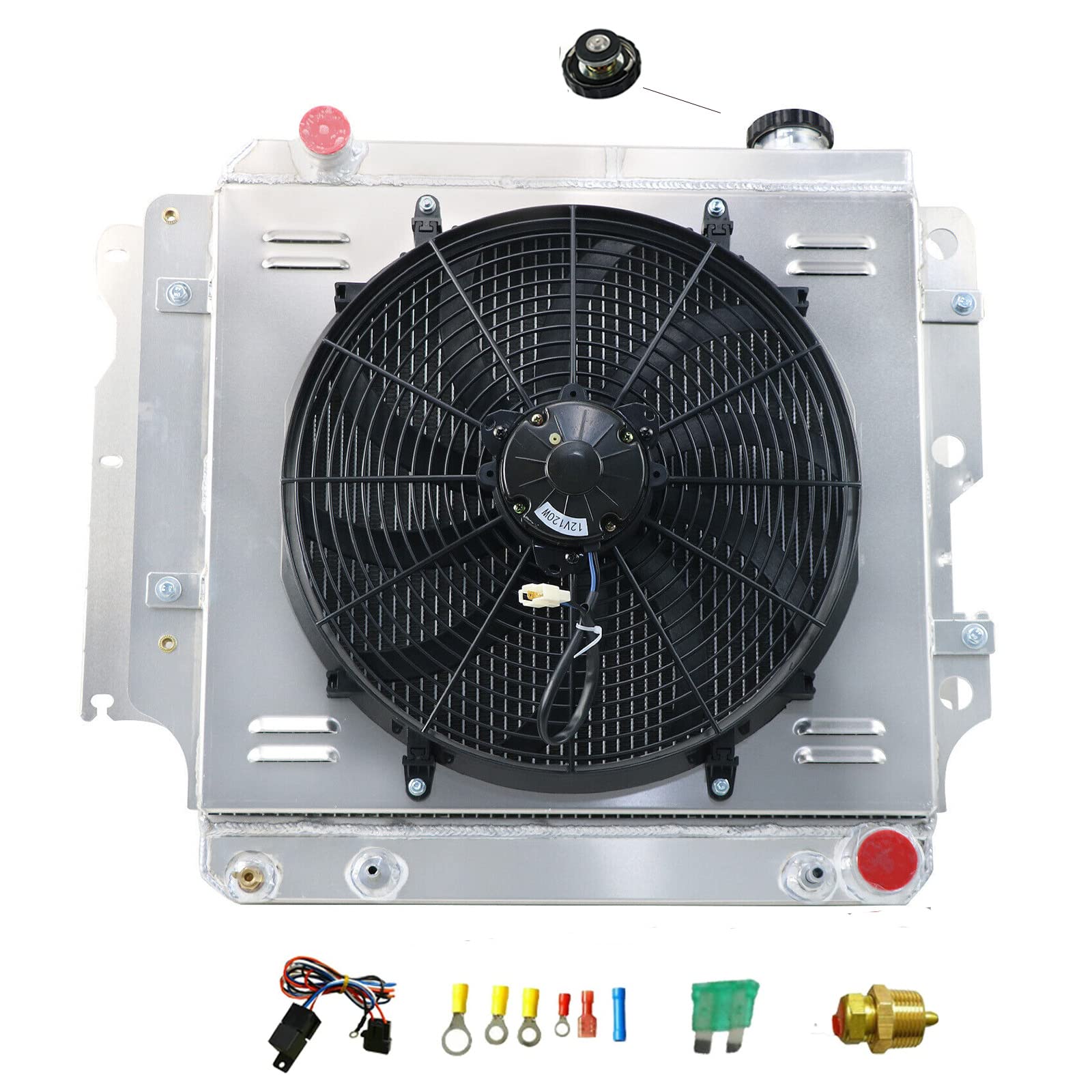 High-Performance 3-Row Full Aluminum Radiator with Fan Shroud & Thermostat for 1987-2006 Jeep Wrangler TJ/YJ - Compatible with 2.4L 2.5L 4.0L & GM Chevy V8 Engines - Off-Road & Daily Driving Upgrade