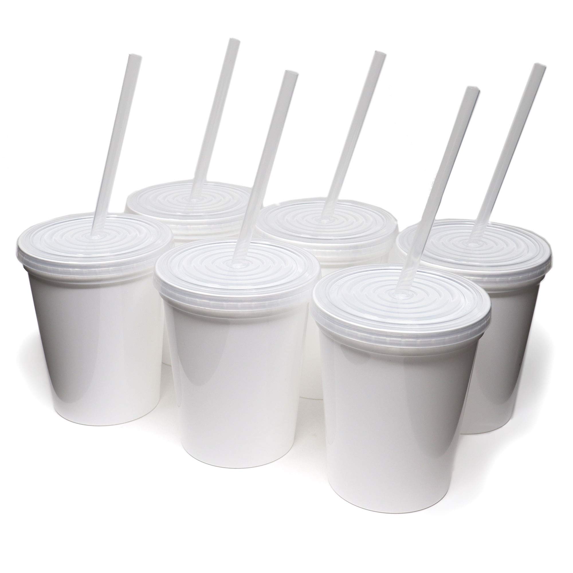 Rolling Sands 16 Oz. Reusable Plastic Stadium Cups with Lids - 6 Pack, BPA-Free, Dishwasher Safe, USA Made Plastic Tumblers with 6 Straws - Perfect for Parties, Picnics, BBQs, and Outdoor Events (White)
