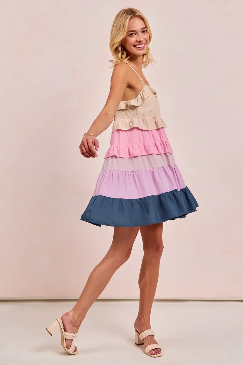 Stylish Color Block Tiered Dress for Women - Trendy Flowy Midi Dress for Casual Outings & Summer Parties