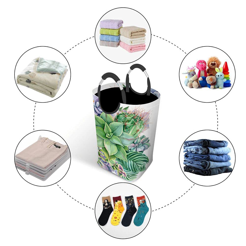 Wondertify Bouquet Succulents Laundry Hamper - Watercolor Botanical Print Clothes Basket with Easy Carry Handles for Bedroom, Bathroom & Nursery Organization - Perfect for Clothes, Toys & Storage (Green & Purple)