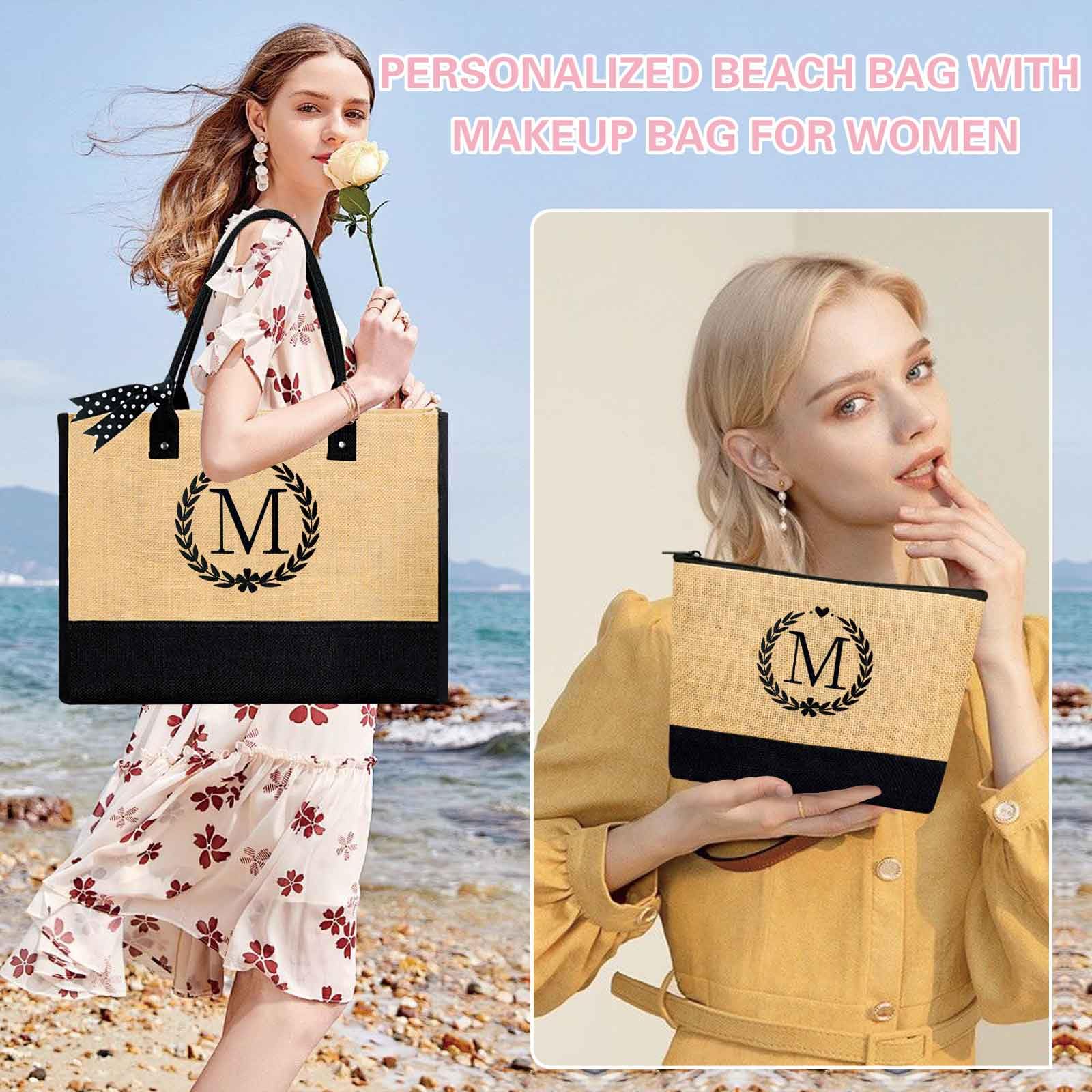 Personalized Initial Jute Tote Bag & Makeup Pouch Set - Monogrammed Gifts for Women, Brides, Moms - Perfect for Beach, Travel, Shopping & Everyday Use