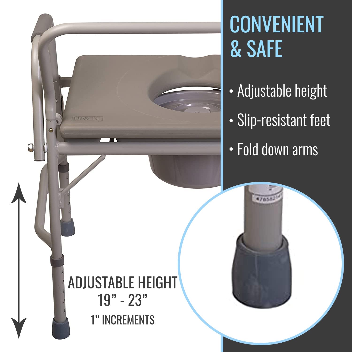 DMI Adjustable Bedside Commode Chair - Portable Toilet with Handles & 7 qt Bucket - 19-23 Inch Height - 500 lb Capacity - Extra Wide Seat for Elderly & Disabled - Ideal for Home Care, Post-Surgery & Mobility Assistance