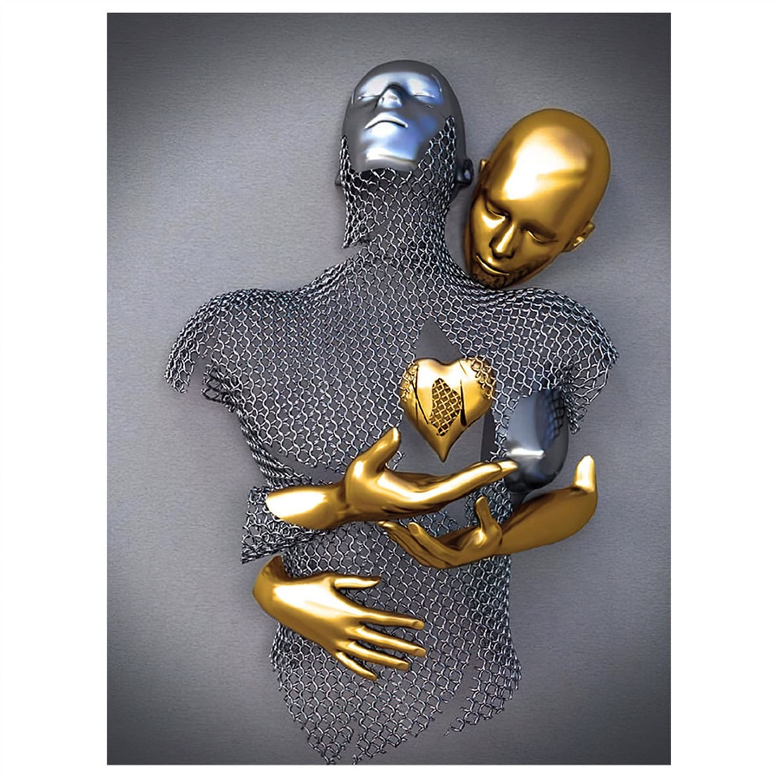 3D Love Heart Wall Art Decor - Gray & Gold Romantic Couple Hug Abstract Painting, Modern Metal Sculpture Effect Print for Bedroom, Living Room, Bathroom | Perfect for Valentine's Gifts, Anniversary Decor & Home Styling