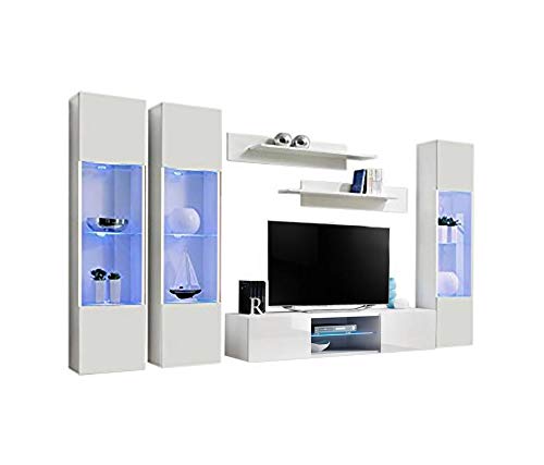 Modern White Wall-Mounted TV Stand with Storage Shelves & LED Lights - 33