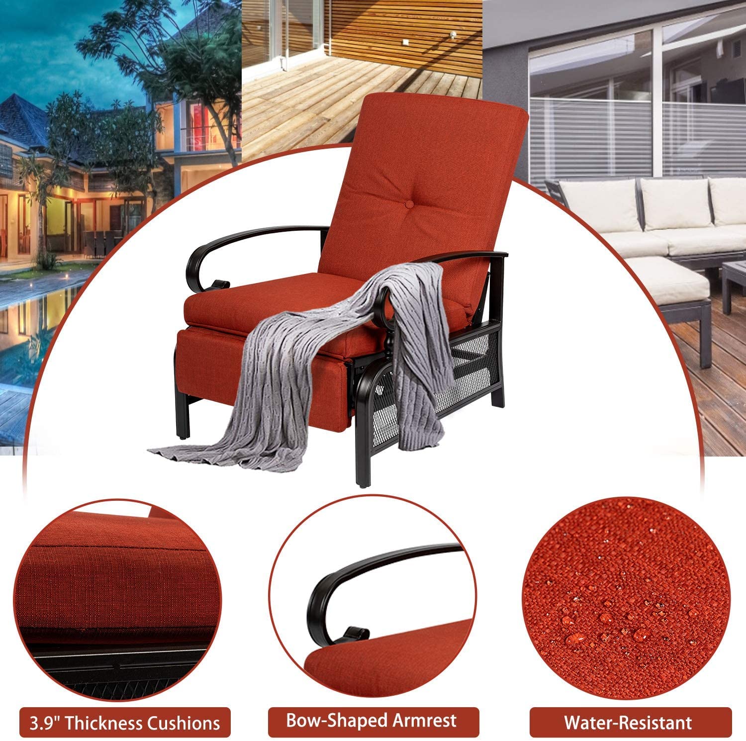 Incbruce 2-Piece Outdoor Lounge Chair Set with Adjustable Recliner, Retractable Steel Frame & Removable Thick Cushions - Red Patio Furniture for Poolside, Garden, Deck, and Backyard Relaxation