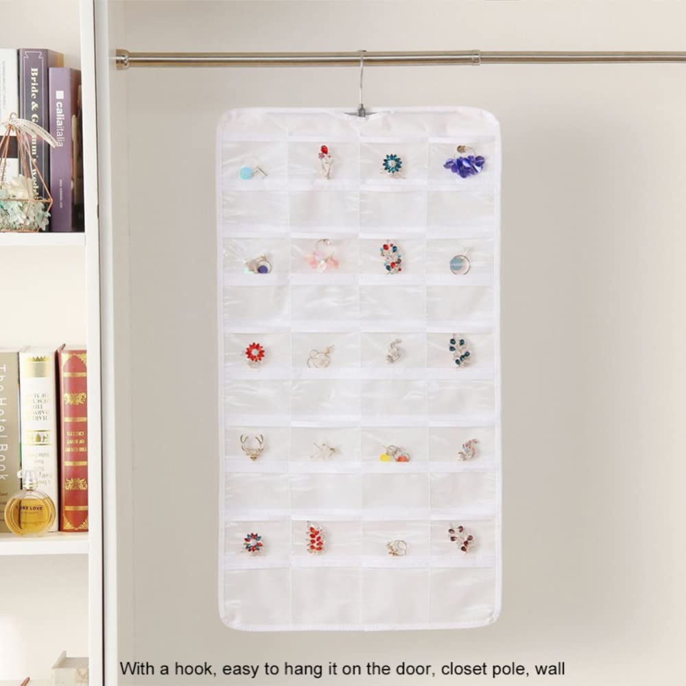 Double Sided Hanging Jewelry Organizer with 80 Pockets & Hook - Travel Jewelry Storage Bag for Earrings, Necklaces, Rings & Bracelets - Perfect for Closet, Bathroom & Suitcase Organization (White)