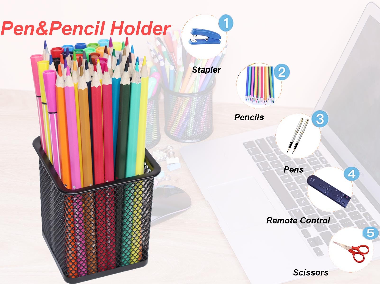 Metal Pen Holder Cup - 4 Pack Black Square Desk Organizer for Pens & Pencils | Office, Home, School & Workspace Stationery Storage Solution