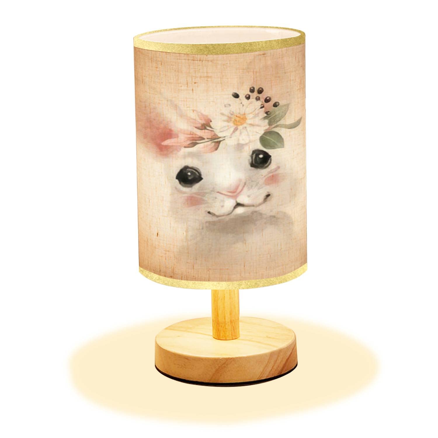 Minimalist Wooden Bedside Table Lamp with Hand-Painted Floral Bear Design - Wood Base & Flaxen Fabric Shade for Bedroom, Living Room, Nursery - Perfect Nightstand Lamp for Cozy Reading & Relaxation