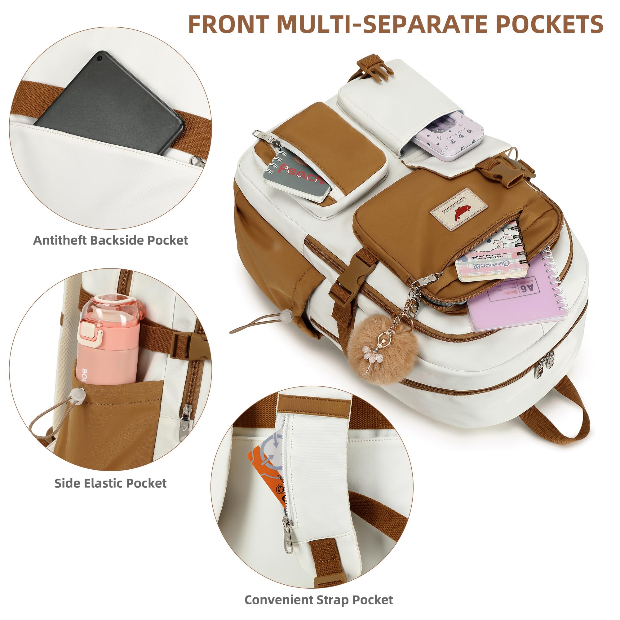 15.6 Inch Anti-Theft Laptop Backpack for Women & Teens - Lightweight School Backpack for College, High School, Middle School - Large Travel Book Bag with USB Charging Port - Perfect for Commuting, Study, Work & Daily Use (Beige Khaki)