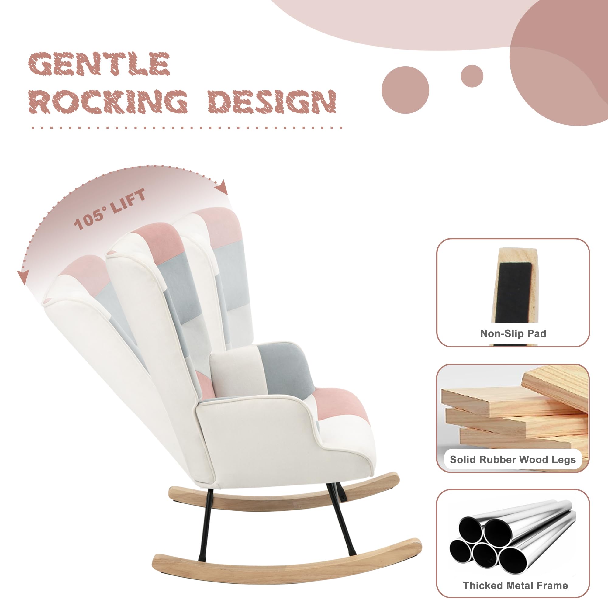 Patchwork Pink Upholstered Rocking Chair with Ottoman - High Backrest Glider Accent Chair for Nursery, Living Room & Bedroom - Comfy Small Side Armchair for Relaxing, Nursing & Reading