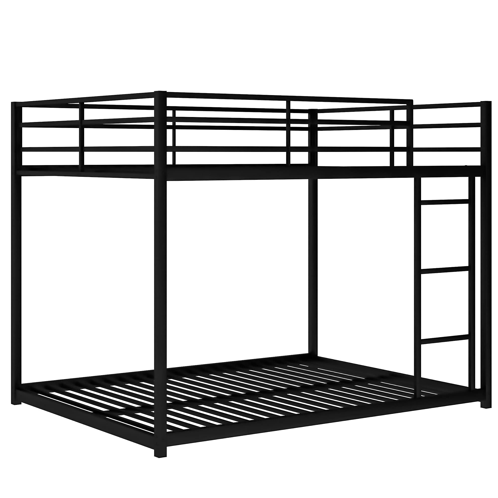 Olela Full Over Full Bunk Beds for Kids & Adults - Sturdy Low Metal Bed Frame with Ladder - Space-Saving Floor Bunk Bed for Boys, Girls & Teens (Black) - Perfect for Small Bedrooms, Dorms & Guest Rooms