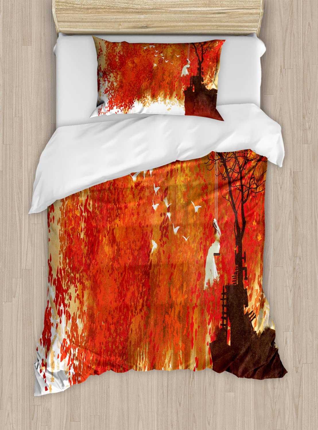 Ambesonne Autumn Duvet Cover Set - King Size 2-Pack with 2 Duvet Covers & 4 Pillowcases, Orange Brown White Fall Leaves Pattern Featuring Woman in White Dress Swinging with Doves - Cozy Seasonal Bedding for Master Bedroom, Guest Room & Dorm Decor