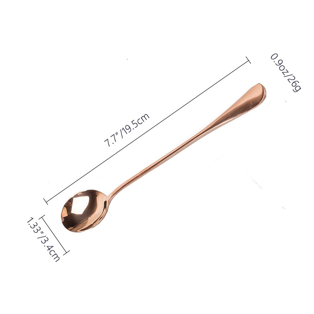 Premium 7.7-inch Long Handle Stainless Steel Mixing Spoon - Rose Gold Cocktail Stirring Spoon for Tea, Coffee, Iced Drinks & Baking (Set of 6) - Perfect for Bartending, Home Bars & Coffee Shops